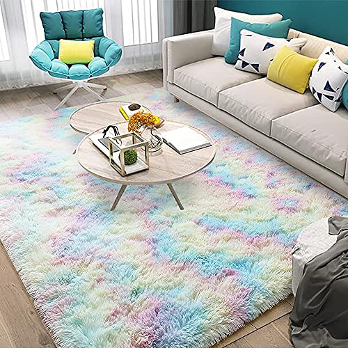 Soft Fluffy Area Rug,Super Cozy Plush Shaggy Rug for Living Room Bedroom Home Decor, Fuzzy Carpet for Kids Girls Nursery Dorm (Rainbow, 4x6 Feet)