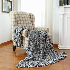 Soft Textured Rustic Blanket Throw with Tassel, Multi-Color Knitted Cozy Farmhouse Throw Blanket for Couch Sofa Chair Bed Office Home Décor, Black White Grey, 50" x 60"