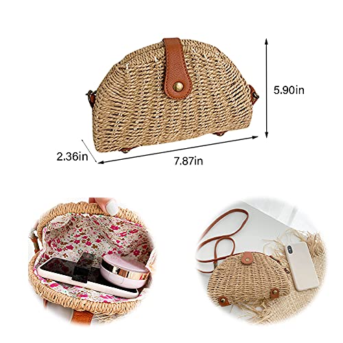 Crossbody Straw Bag Womens Rattan Woven Handbag for Beach Travel (Khaki)