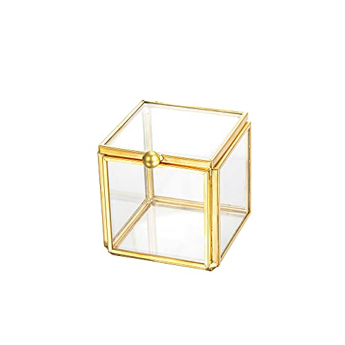 Feyarl Tiny Clear Glass Jewelry Trinket Box Ornate Rings Earrings Shadow Box Treasure Chest Organizer Decorative Keepsake Case with Lid for Wedding Birthday Gift (Gold)