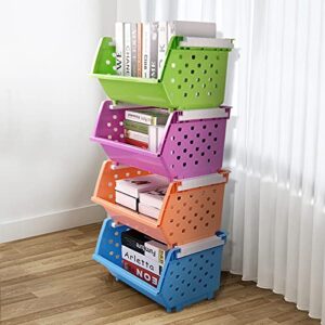 Pekky 4-Pack Large Stackable Storage Bins, Colored Plastic Stacking Basket