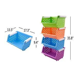 Pekky 4-Pack Large Stackable Storage Bins, Colored Plastic Stacking Basket