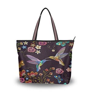 linqin womens tote bags humming bird and tropical flowers embroidery top handle satchel work handbags