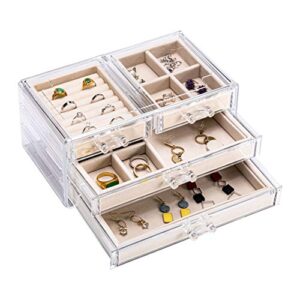 acrylic jewelry box with 4 drawers, clear velvet jewellry organizer case, earring rings necklaces bangle bracelets display storage holder, gift for women, girls