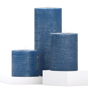 candwax assorted candles pillar – set of 3 rustic pillar candles includes 3″, 4″ and 8″ unscented candles – long burning candles ideal as wedding candles and candles for home – dark blue candles