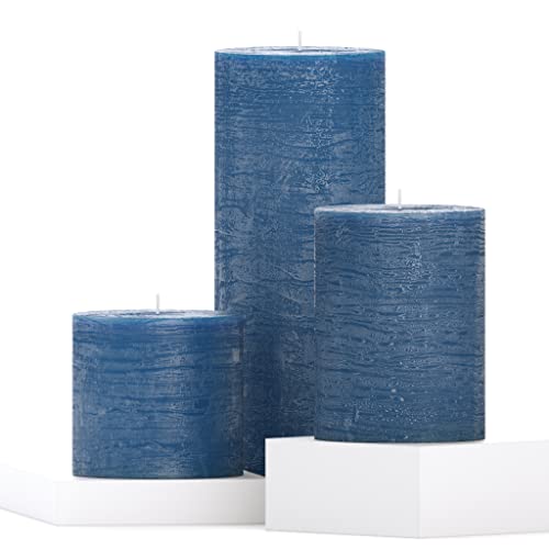 CANDWAX Assorted Candles Pillar - Set of 3 Rustic Pillar Candles Includes 3", 4" and 8" Unscented Candles - Long Burning Candles Ideal as Wedding Candles and Candles for Home - Dark Blue Candles