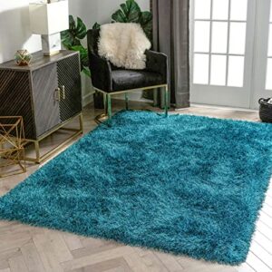 well woven kuki shag chie glam solid ultra-soft teal shag 5’3″ x 7’3″ area rug