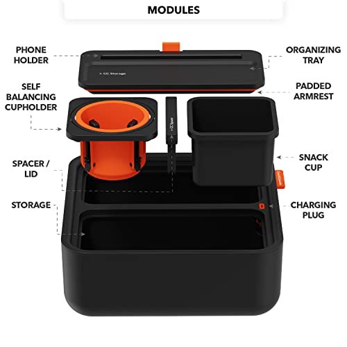 CouchConsole Original Cup Holder Tray - Drinks & Snacks Sofa Caddy with Armrest, Table with Phone Stand- TV Remote Control Storage and Organizer - for Living Rooms, RV, and Cars, Black/Orange