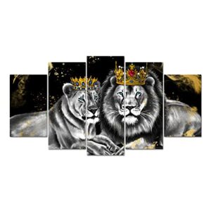 ouelegent 5 piece lion and lioness pictures wall decor king and queen with golden crown canvas painting african animal poster artwork for living room bedroom framed ready to hang