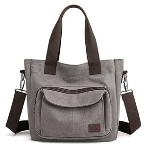 women’s canvas top handle handbag stylish multi-pocket shoulder tote purse work crossbody bags (grey) one size