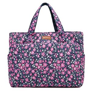 weibin large tote bag for women, lightweight floral quilted cotton handbags with 7 pockets for hiking picnic shopping travel gym weekend daily bags, dark blue