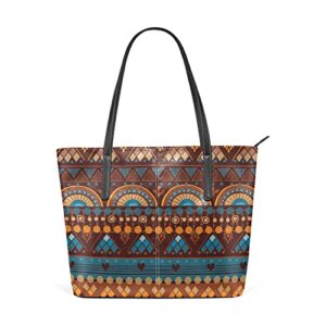 leather tote bag for women with zipper handbags shoulder bag african print geometric ethnic brown pockets work travel small office business