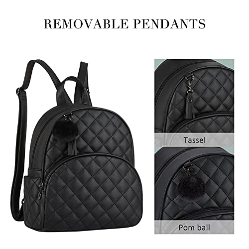 ECOSUSI Mini Backpack Women Leather Small Backpack Purse for Teen Girl Cute Pom Bookbag Travel Shoulder Bag with Charm Tassel (1-Black, for Tablet)