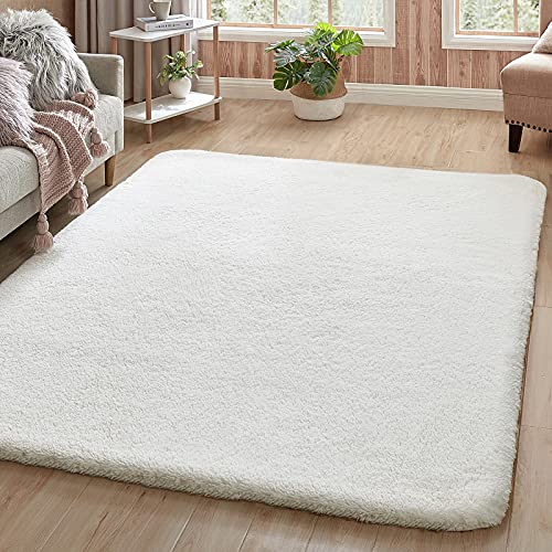 Chloelov Soft Thick Fluffy Faux Fur Area Rug for Living Room 5' x 8', Luxury Plush Shaggy Fuzzy Bedside Rugs for Bedroom Dorm Nursery, No-slip Large Furry Cozy Accent Carpet Mats for Sofa Floor, White