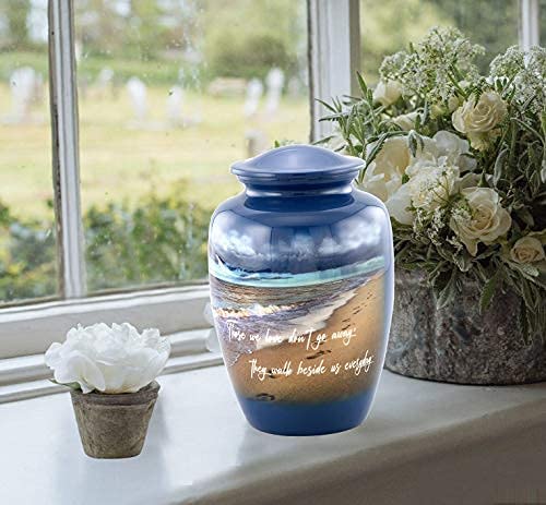 Footprints Urn, Footprints Cremation Urn for Ashes, Hand Painted Adult Beach Urn, Handmade Beach Cremation Urn with Velvet Bag (Large)