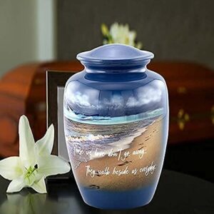 Footprints Urn, Footprints Cremation Urn for Ashes, Hand Painted Adult Beach Urn, Handmade Beach Cremation Urn with Velvet Bag (Large)