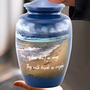 Footprints Urn, Footprints Cremation Urn for Ashes, Hand Painted Adult Beach Urn, Handmade Beach Cremation Urn with Velvet Bag (Large)