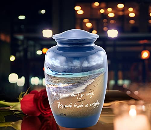 Footprints Urn, Footprints Cremation Urn for Ashes, Hand Painted Adult Beach Urn, Handmade Beach Cremation Urn with Velvet Bag (Large)