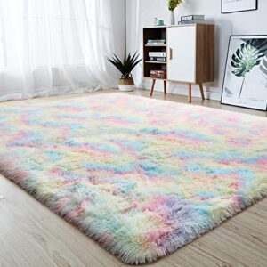junovo soft rainbow area rugs for girls room, fluffy colorful rugs cute floor carpets shaggy playing mat for kids baby girls bedroom nursery home decor, 4ft x 6ft tie-dyed rainbow