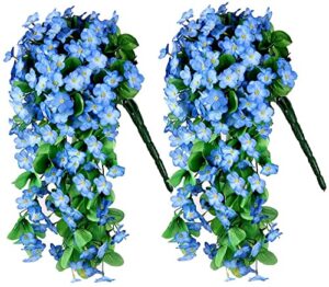 zfprocess 2 pack artificial hanging flowers, fake hanging plants colorful orchid flower bouquet for wall home room garden wedding indoor outdoor decoration(blue)