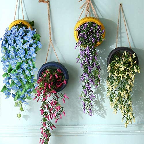 ZFProcess 2 Pack Artificial Hanging Flowers, Fake Hanging Plants Colorful Orchid Flower Bouquet for Wall Home Room Garden Wedding Indoor Outdoor Decoration(Blue)