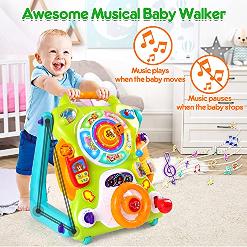 3-in-1 Baby Walker for Boy Girls Sit to Stand Toy Activity Center Drawing Board Infant Toys for 1 Year Old Birthday Gifts 9 12 18 Months 2 3 Year Old Kid Toddler Push Toy Musical Sound Light Effect