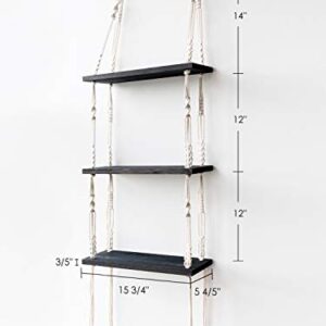 TIMEYARD Macrame Shelf Hanging Shelves, Wooden Wall Shelf with Woven Rope, Black Floating Shelves Storage Organizer, 3 Tier Shelf Boho Decor for Living Room, Bathroom, Bedroom