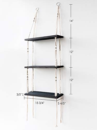 TIMEYARD Macrame Shelf Hanging Shelves, Wooden Wall Shelf with Woven Rope, Black Floating Shelves Storage Organizer, 3 Tier Shelf Boho Decor for Living Room, Bathroom, Bedroom