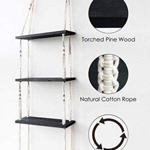 TIMEYARD Macrame Shelf Hanging Shelves, Wooden Wall Shelf with Woven Rope, Black Floating Shelves Storage Organizer, 3 Tier Shelf Boho Decor for Living Room, Bathroom, Bedroom