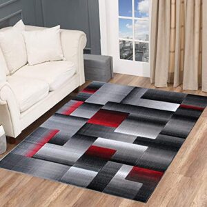 Champion Rugs Squares Modern Geometric Hand Carved Red Grey Black Area Rug Easy to Clean Stain & Fade Resistant Soft Plush Bedroom Living Room Contemporary Dining Accent (7’ 8” X 10’ 8”)