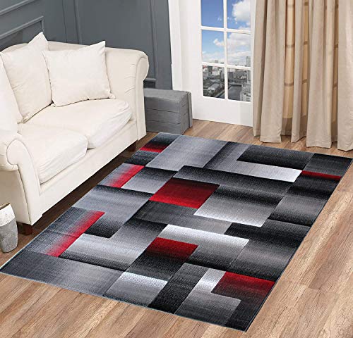 Champion Rugs Squares Modern Geometric Hand Carved Red Grey Black Area Rug Easy to Clean Stain & Fade Resistant Soft Plush Bedroom Living Room Contemporary Dining Accent (7’ 8” X 10’ 8”)