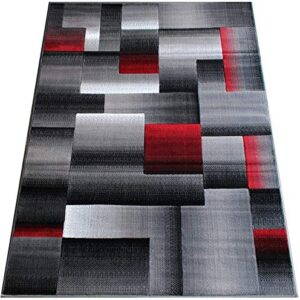 Champion Rugs Squares Modern Geometric Hand Carved Red Grey Black Area Rug Easy to Clean Stain & Fade Resistant Soft Plush Bedroom Living Room Contemporary Dining Accent (7’ 8” X 10’ 8”)