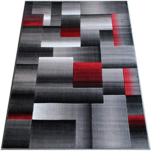 Champion Rugs Squares Modern Geometric Hand Carved Red Grey Black Area Rug Easy to Clean Stain & Fade Resistant Soft Plush Bedroom Living Room Contemporary Dining Accent (7’ 8” X 10’ 8”)