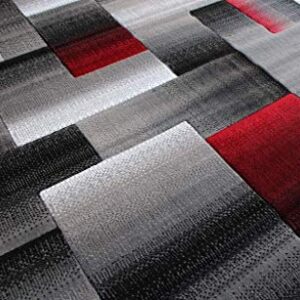 Champion Rugs Squares Modern Geometric Hand Carved Red Grey Black Area Rug Easy to Clean Stain & Fade Resistant Soft Plush Bedroom Living Room Contemporary Dining Accent (7’ 8” X 10’ 8”)