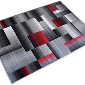 Champion Rugs Squares Modern Geometric Hand Carved Red Grey Black Area Rug Easy to Clean Stain & Fade Resistant Soft Plush Bedroom Living Room Contemporary Dining Accent (7’ 8” X 10’ 8”)