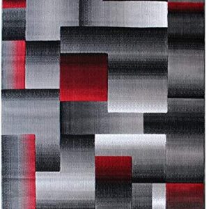 Champion Rugs Squares Modern Geometric Hand Carved Red Grey Black Area Rug Easy to Clean Stain & Fade Resistant Soft Plush Bedroom Living Room Contemporary Dining Accent (7’ 8” X 10’ 8”)