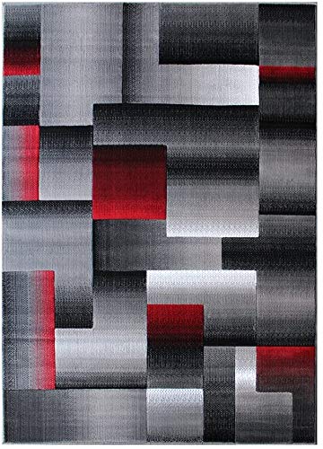 Champion Rugs Squares Modern Geometric Hand Carved Red Grey Black Area Rug Easy to Clean Stain & Fade Resistant Soft Plush Bedroom Living Room Contemporary Dining Accent (7’ 8” X 10’ 8”)