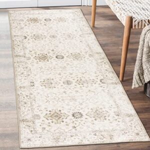 realife machine washable rug – stain resistant, non-shed – eco-friendly, non-slip, family & pet friendly – made from premium recycled fibers – distressed boho border – beige ivory, 2’6″ x 6′