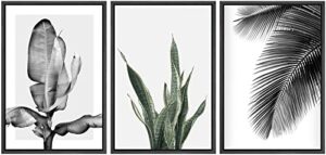 signwin framed canvas print wall art trio of jungle palms & snake succulents floral plants photography modern art minimalist black and white for living room, bedroom, office – 16″x24″x3 black
