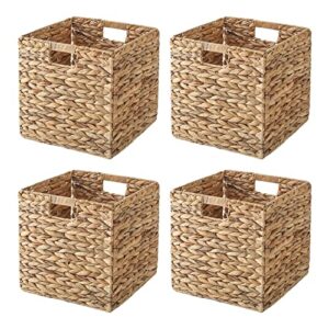 vk living foldable handwoven water hyacinth storage baskets wicker cube baskets rectangular laundry organizer totes for bedroom, living room,nursery room, shelves, pantry 4 pack 11.8×11.8×11.8inch