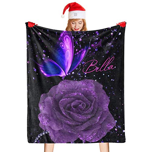 CUXWEOT Custom Blanket Personalized Purple Butterfly Rose Soft Fleece Throw Blanket with Name for Gifts Sofa Bed (50 X 60 inches)