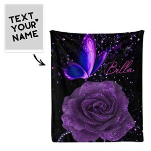 CUXWEOT Custom Blanket Personalized Purple Butterfly Rose Soft Fleece Throw Blanket with Name for Gifts Sofa Bed (50 X 60 inches)