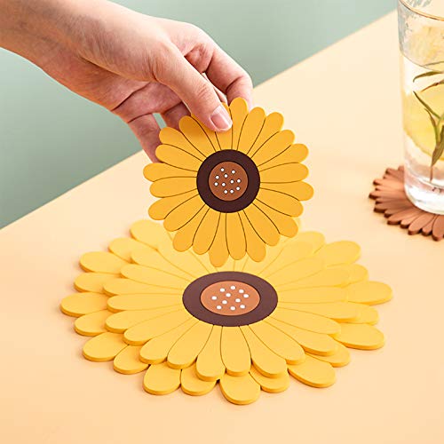 Sunflower Drink Coasters 2 Pack, Silicone Coasters for Drinks, Flower Soft Rubber Coaster, Protect Furniture from Water Marks or Damage, Non Slip Coasters (Small, Yellow)