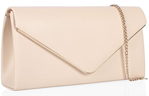 Vegan Leather Envelope Clutch Bag Classic Dressy Purse Foldover Evening Handbag Nude