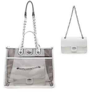 Large Clear Tote Bag Top handle Bag for Women Handbag Messenger Crossbody Purse With Turn Lock Closure (2 Sets) (White)