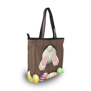 Tote Bag for Women Easter White Bunny Bottom Eggs On Wooden Large Utility Shoulder Handbag Top Handle