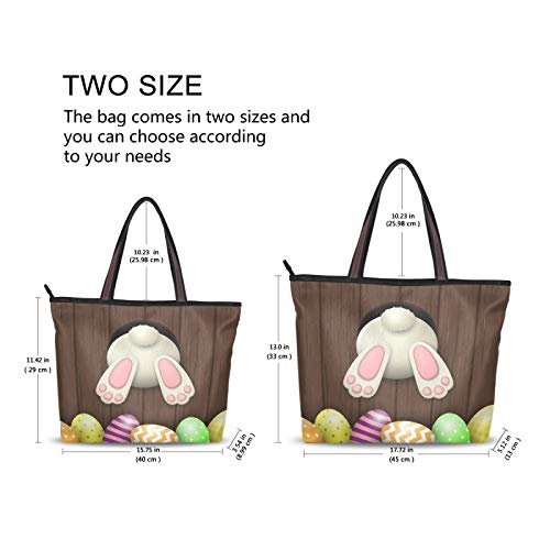 Tote Bag for Women Easter White Bunny Bottom Eggs On Wooden Large Utility Shoulder Handbag Top Handle