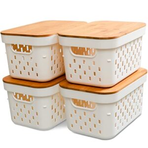citylife 4 pcs storage baskets with bamboo lids plastic baskets for organizing stackable storage bins with handle for shelves, 10.16 x 6.81 x 5.31 inch