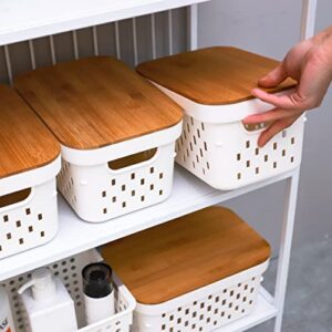 Citylife 4 PCS Storage Baskets with Bamboo Lids Plastic Baskets for Organizing Stackable Storage Bins with Handle for Shelves, 10.16 x 6.81 x 5.31 inch