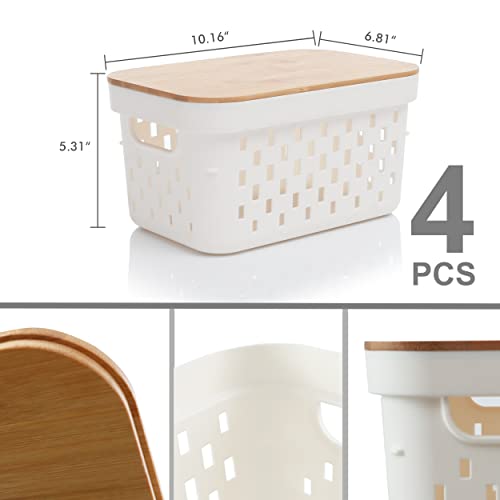 Citylife 4 PCS Storage Baskets with Bamboo Lids Plastic Baskets for Organizing Stackable Storage Bins with Handle for Shelves, 10.16 x 6.81 x 5.31 inch